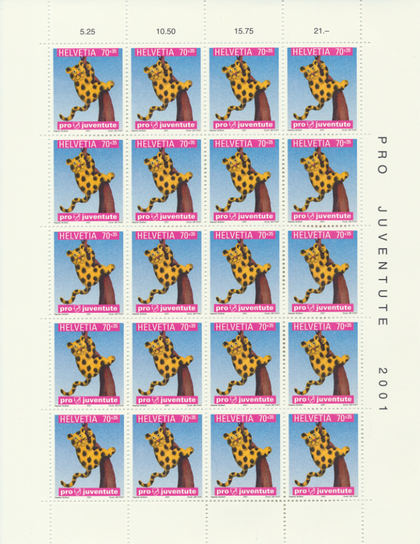Timbres Pro Juventute 2001 Léopold le Léopard feuillet de 20 timbres Neuf