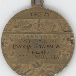 Médaille Italie 1928 Concorso Buona Stampa Premio Popolo Dell'Ossola en argent dorée