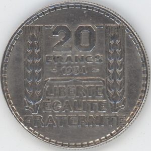 France 20 Francs 1934 Turin (ss+) en argent