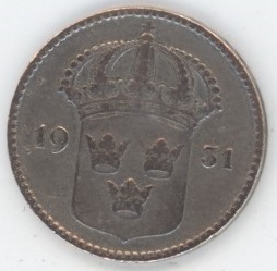 Suède 10 Öre 1931 G Gustaf V (ss) en argent