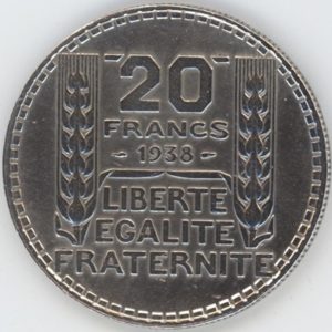 France 20 Francs 1938 Turin (ss+) en argent