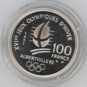 France 100 Francs 1991 Albertville 92 saut à ski (unz) en argent
