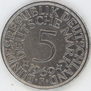 Allemagne 5 Mark 1969 F (ss) en argent