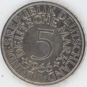 Allemagne 5 Mark 1966 F (ss) en argent