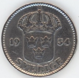 Suède 25 Öre 1934 G Gustaf V (ss) en argent