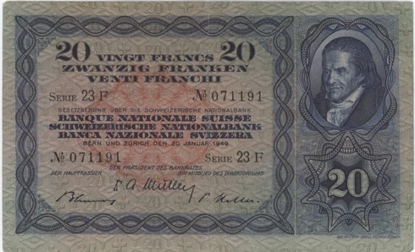 20 Francs 1949 Pestalozzi