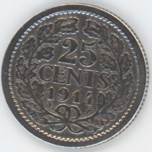 Pays-Bas 25 Cents 1914 Wilhelmina I (s-ss) en argent