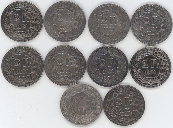 2 Francs 1901 Lot de 10 pièces (s-ss)