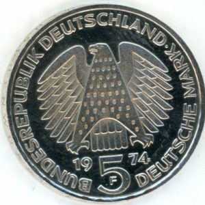 Allemagne 5 Mark 1974 F Constitution (ss-vz) en argent