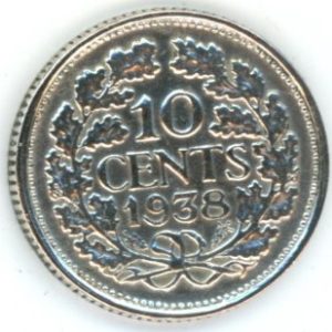 Pays-Bas 10 Cents 1938 Wilhelmina I (vz) en argent