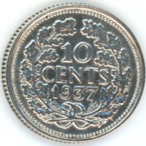 Pays-Bas 10 Cents 1937 Wilhelmina I (vz) en argent