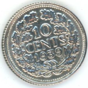 Pays-Bas 10 Cents 1939 Wilhelmina I (vz) en argent