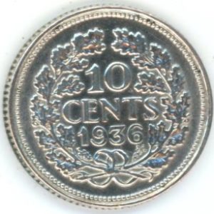 Pays-Bas 10 Cents 1936 Wilhelmina I (vz) en argent