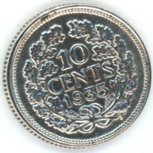Pays-Bas 10 Cents 1935 Wilhelmina I (vz) en argent