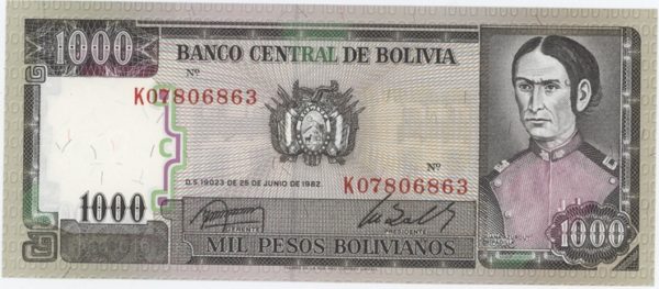 Bolivia 1000 Pesos 1982 Neuf