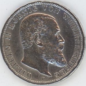 Germany Wurtemberg 3 Mark 1909 F Guillaume II (ss+) en argent