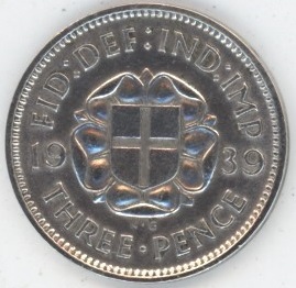 Grande-Bretagne 3 Pence 1939 George VI Rose des Tudor (ss) en argent