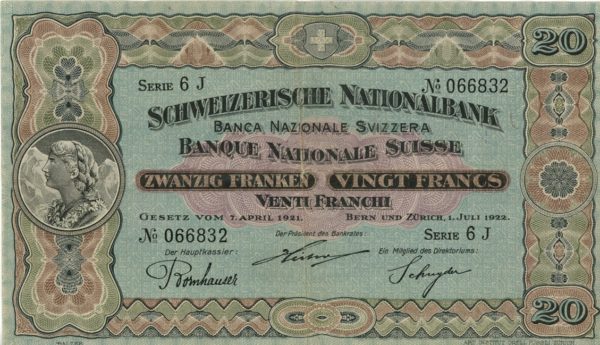 Suisse Billet de Banque 20 Francs Vreneli 1922 (Gesetz vom 7. April 1921)