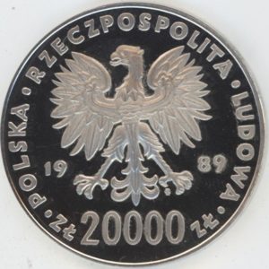 Pologne 20000 Zlotych 1989 Soccer Italie 90 (unz) en argent