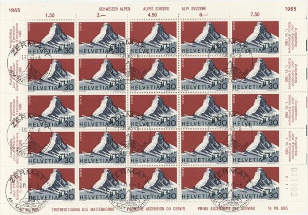 Timbres Feuille Alpes Suisses Cervin 1965 oblitéré