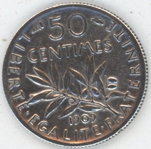 France 50 Centimes 1909 (ss) en argent