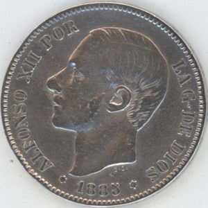 Espagne 5 Pesetas 1885 Alfonso XII (ss) en argent