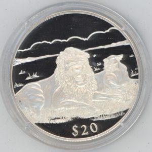 Liberia 20 Dollars 2000 Lion Couple (PP) en argent Très Rare !