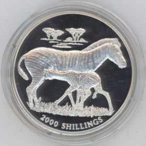 Uganda 2000 Shillings 1999 Zèbres (PP) en argent Rare !