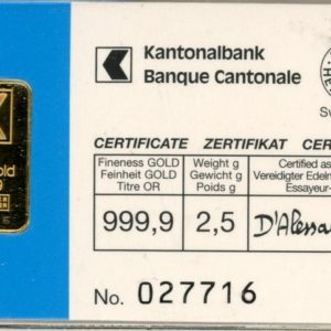 Lingot 2,5g. Fine Gold 999,9 Banque Cantonale