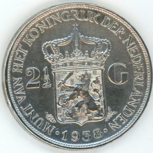 Pays-Bas 2-1/2 Gulden 1938 Wilhelmine (ss-vz) en argent