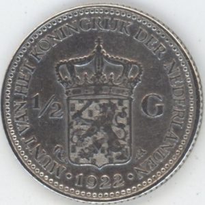 Pays-Bas 1/2 Gulden 1922 Wilhelmina I (ss) en argent