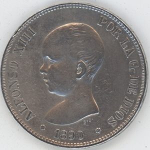 Espagne 5 Pesetas 1890 Alphonse XIII (ss) en argent