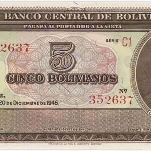 Bolivia 5 Bolivianos 1945 Neuf