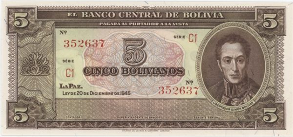 Bolivia 5 Bolivianos 1945 Neuf