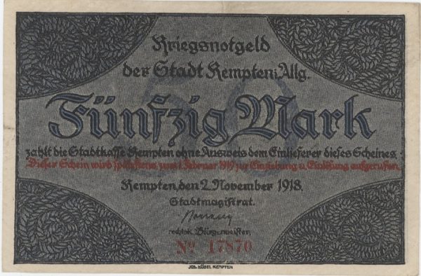 Germany Kriegsnotgeld der Stadt Kempten 50 Mark 1918
