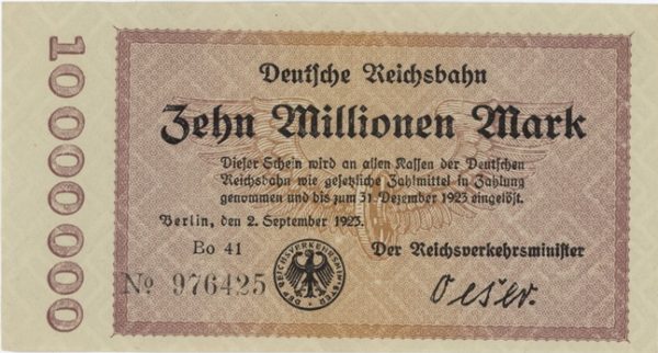 Germany Deutsche Reichsbahn 10 Millionen Mark 1923