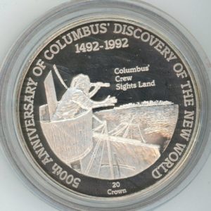 Turks et Caicos Islands 20 Crown 1991 Columbus' Crew Sights Land (stgl) en argent