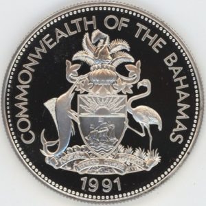 Bahamas 5 Dollars 1991 Christophe Colomb (unz) en argent