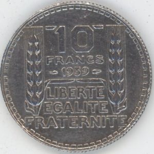 France 10 Francs 1939 Turin (ss+) en argent