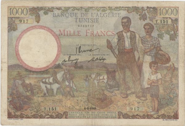 Tunisie Banque De L'Algérie 1000 Francs 1946 – Image 2