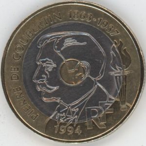 France 20 Francs 1994 Pierre de Coubertin (ss+)
