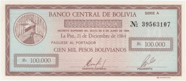 Bolivia 100.000 Pesos Bolivianos 1984 Neuf – Image 2