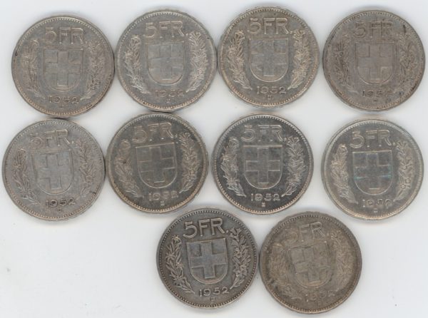 5 Francs 1952 Lot de 10 pièces (ss)