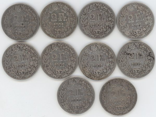 2 Francs 1901 Lot de 10 pièces (s-ss)