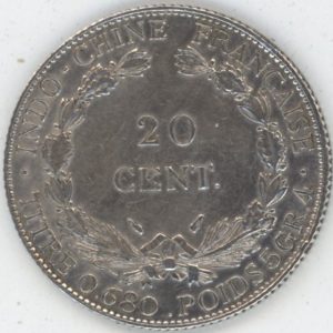 Indochine Française 20 Cent. 1937 (ss+) en argent