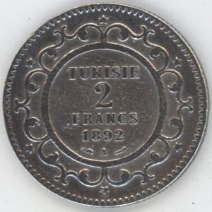 Tunisie 2 Francs 1892 Ali protectorat français (ss) en argent