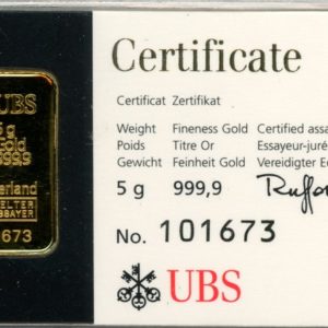 Lingot 5g. Fine Gold 999 UBS Kinebar