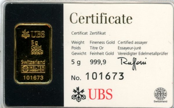 Lingot 5g. Fine Gold 999 UBS Kinebar