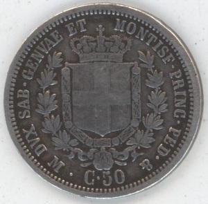 Italie Royaume de Piémont-Sardaigne 50 Centesimi 1860 M Victor-Emmanuel II (s) en argent