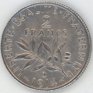 France 2 Francs 1914 C (vz-unz) en argent